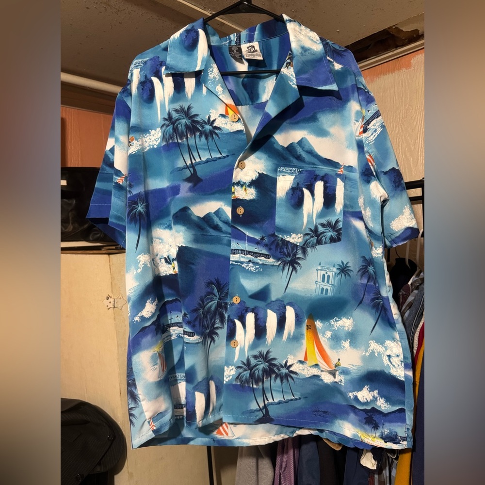 Kennington Hawaiian Shirt Mens XL Blue Tropical Aloha Palm Tree Beach Button Up